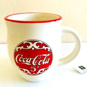 Coca-Cola Coffee Cup Mug with Handle Retro 5 Cent Logo White Red Ceramic